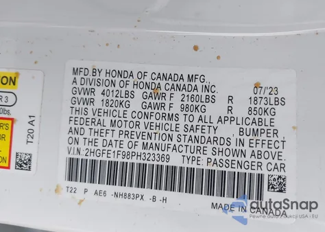 2023 Honda Civic Touring from USA, damaged, VIN 2HGFE1F98PH323369